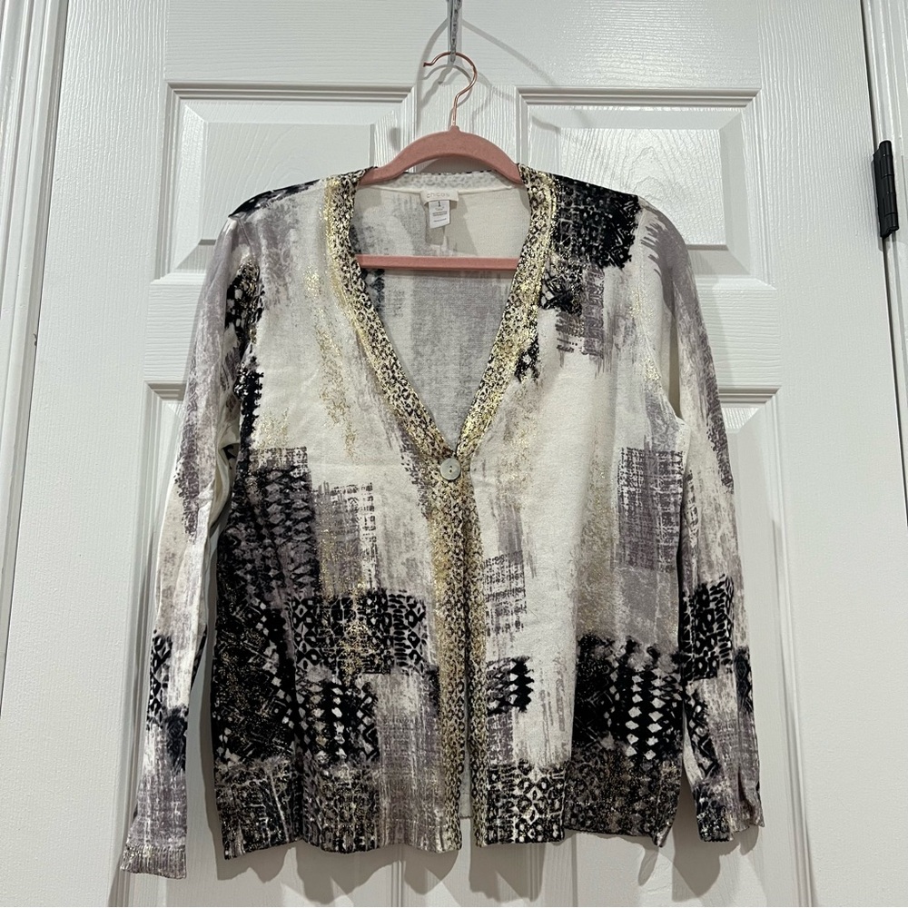 Chico’s Greta Mirror Front Fringed Knit 3/4 Sleeve Cardigan Sweater Size 1